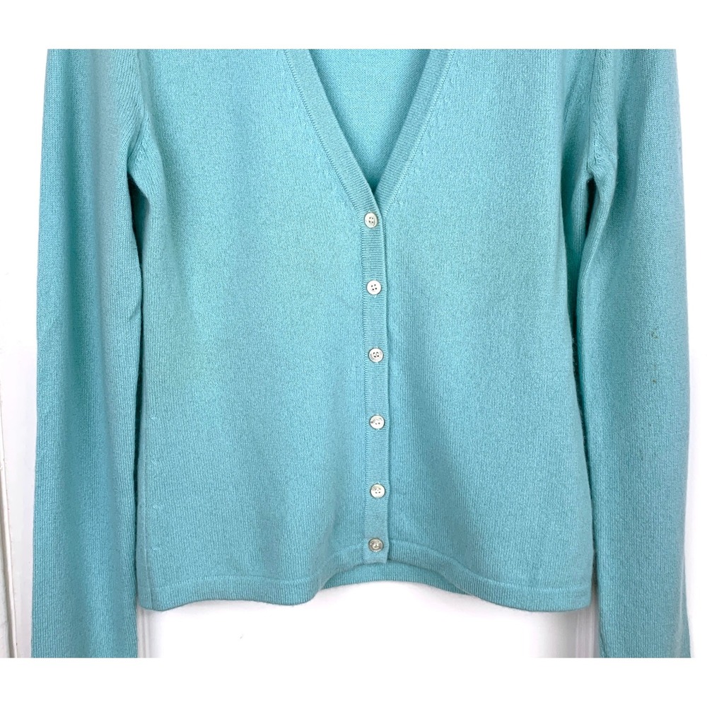 Michael Kors 100% Cashmere V-Neck Cardigan M Pastel Teal Blue Italian Yarn - Picture 8 of 16
